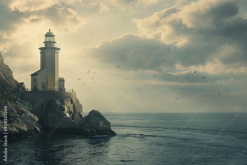 Generative ai on theme of large retro lighthouse with beam of bright light shining out to blue sea Generative ai on theme of large retro lighthouse with beam of bright light shining out to blue sea