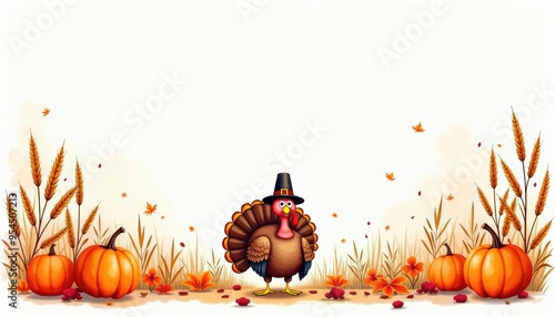 A cheerful turkey wearing a hat surrounded by pumpkins and autumn leaves, perfect for Thanksgiving illustrations or seasonal decor. photo