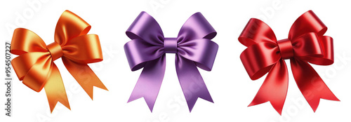 Three vibrant decorative bows in orange, purple, and red isolated on transparent background, png image  photo