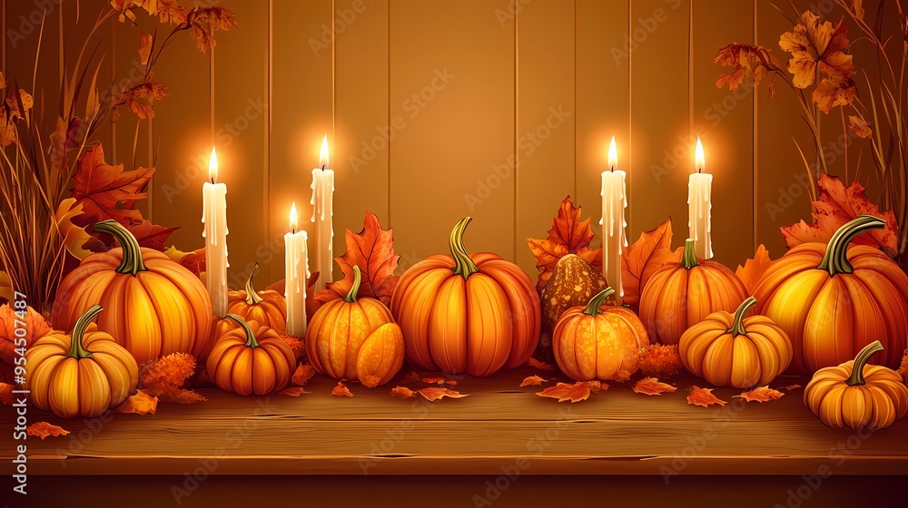 A row of pumpkins with burning candles on wooden table with autumn leaves. A row of pumpkins with burning candles on wooden table with autumn leaves.