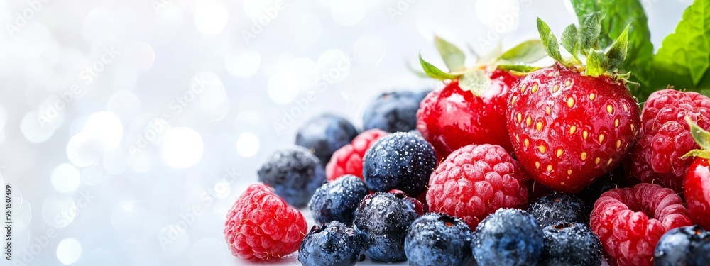 A pristine white backdrop showcases a vibrant pile of raspberries, blueberries, and mint leaves A pristine white backdrop showcases a vibrant pile of raspberries, blueberries, and mint leaves