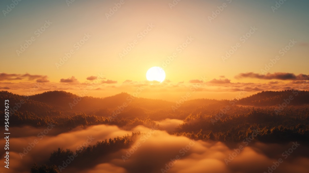 Obraz premium Dawn of a New Day - Sun Rising Over Foggy Landscape with Soft Glow, Changing Weather Concept