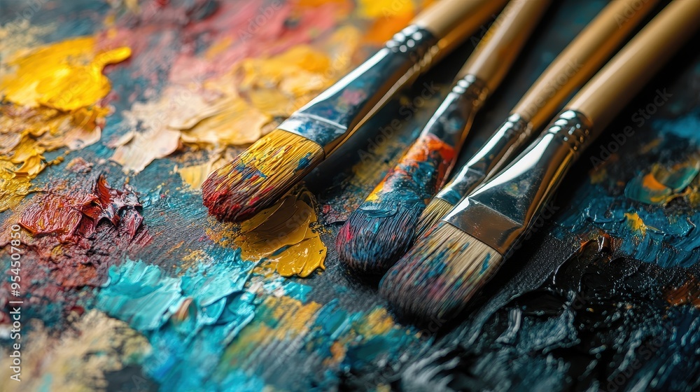 Fototapeta premium Vibrant Paintbrushes on Colorful Abstract Canvas - Artistic Creativity and Expression in Modern Art