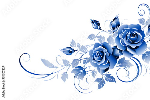 Blue Watercolor Rose on a White Background. Watercolor Blush Pink Rose Clipart with Floral Border and Painted Petals, Perfect for Dusty Rose Wedding Designs. Huge Copy Space