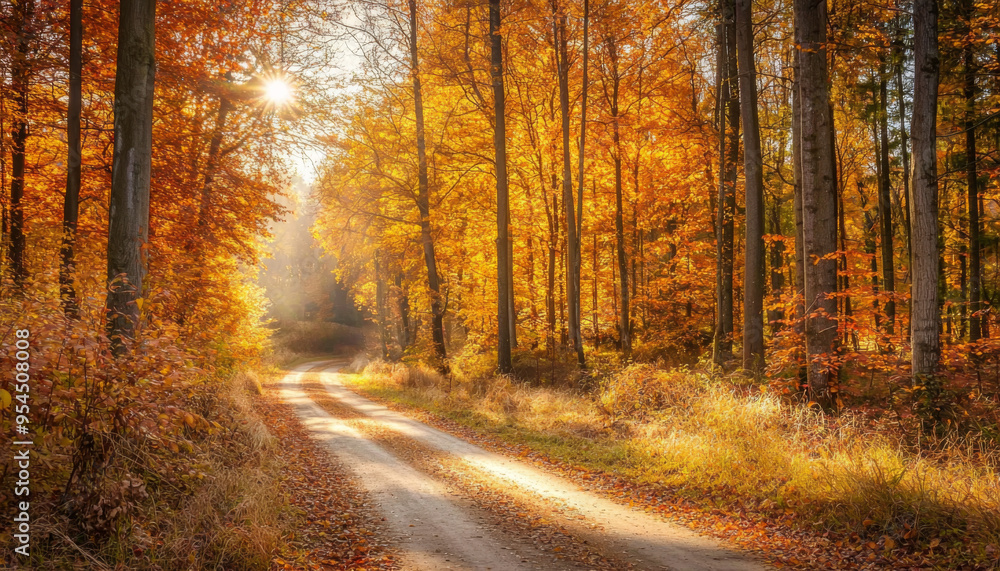 Obraz premium A serene autumn scene featuring a winding dirt road surrounded by vibrant orange and yellow trees.