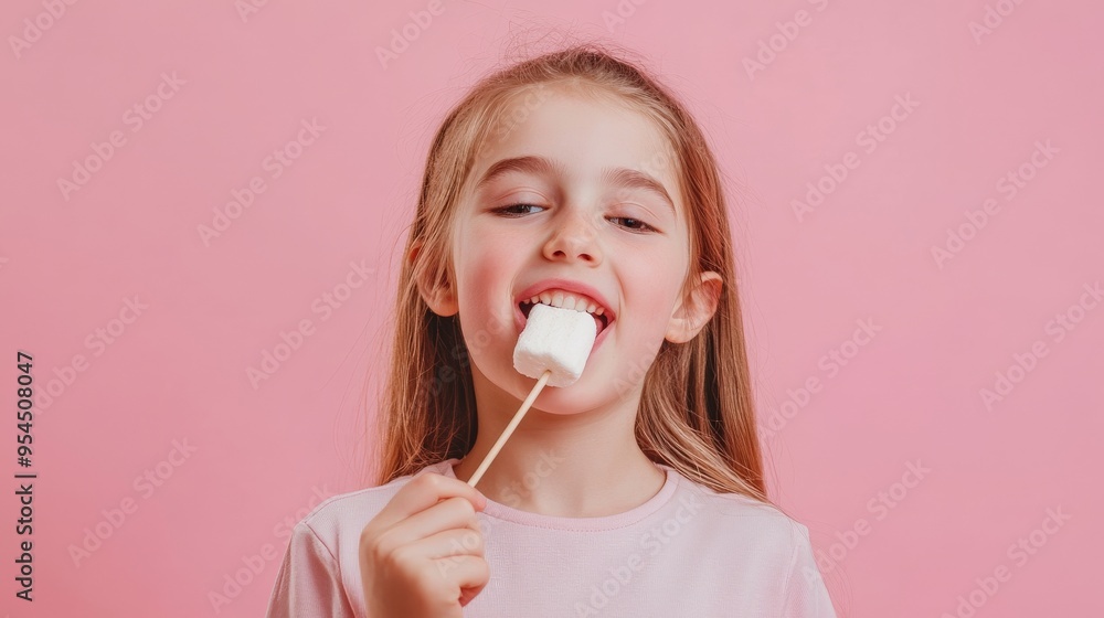 Joyful Girl Eating Marshmallow on Stick Against Pink Background. Joyful Girl Eating Marshmallow on Stick Against Pink Background.