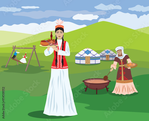 _Vector image of a young girl in a Kazakh national costume on the background of the celebration of Nauryz.eps