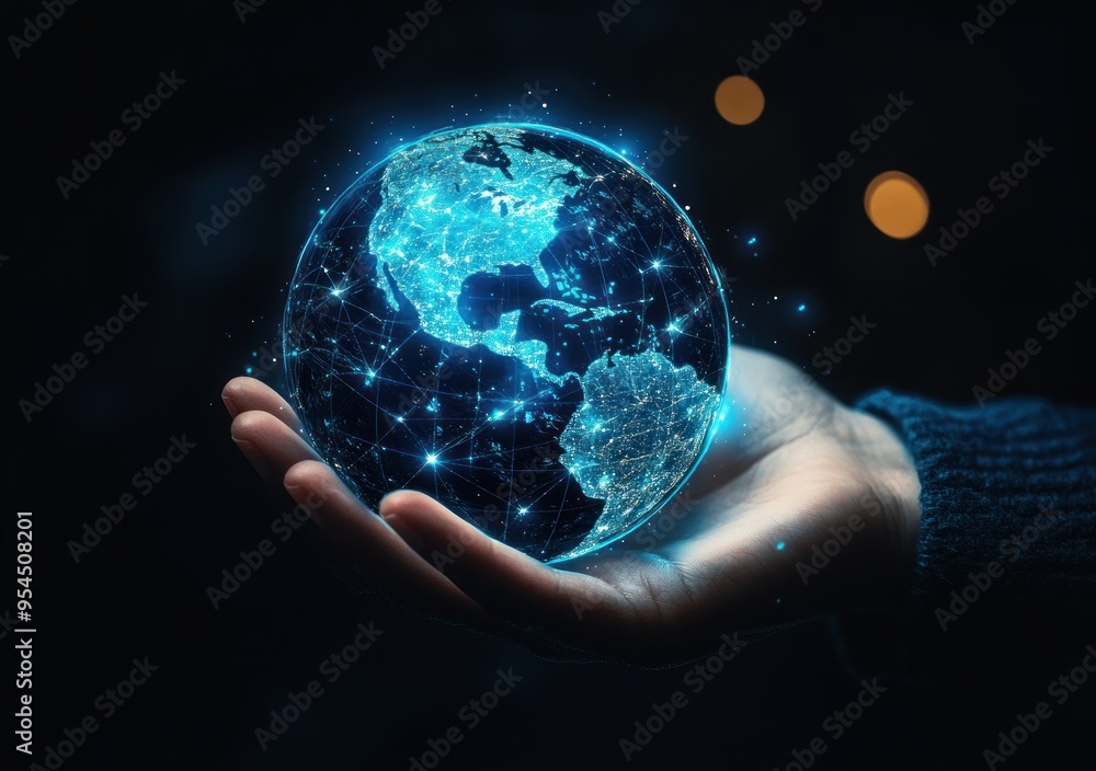 Global Connection: Hand Holding a Digital Earth