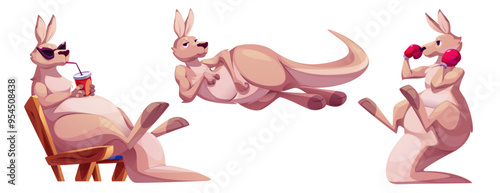 Funny kangaroo cartoon character lying with satisfied smile, relaxing in sunglasses with cup of drink sitting in lounge chair, standing on tail in boxing gloves. Cute Australia marsupial animal.