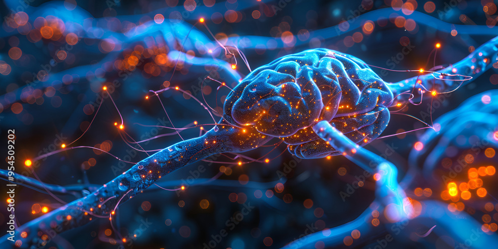 Visual Representation of Glowing Neural Connections and Synapses in a Complex Network Depicting Brain Activity and Cognitive Functions Visual Representation of Glowing Neural Connections and Synapses in a Complex Network Depicting Brain Activity and Cognitive Functions