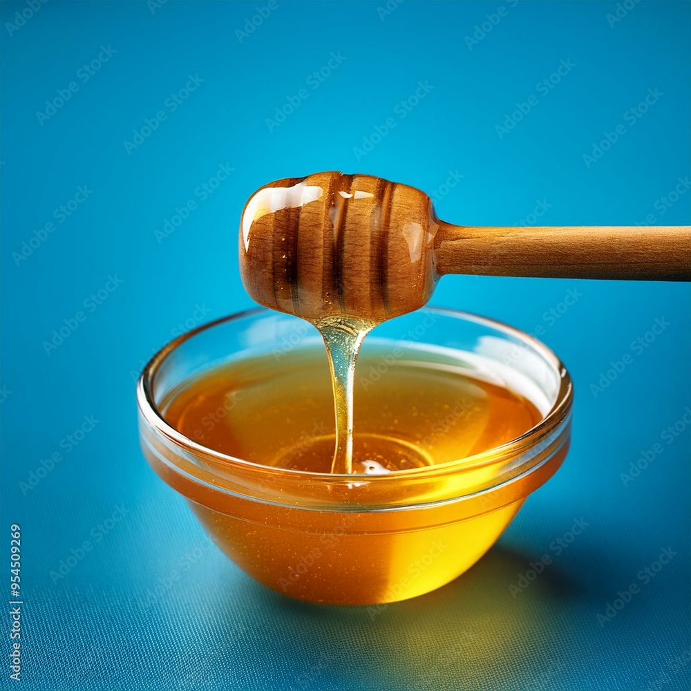 Honey with wooden dipper on blue background Honey with wooden dipper on blue background