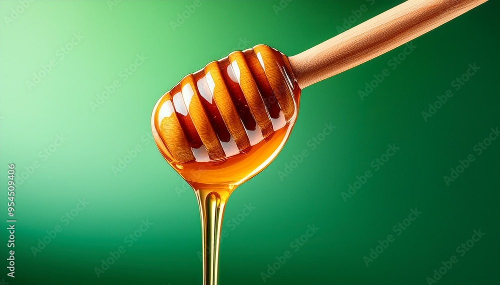 Honey with wooden dipper on green background Honey with wooden dipper on green background