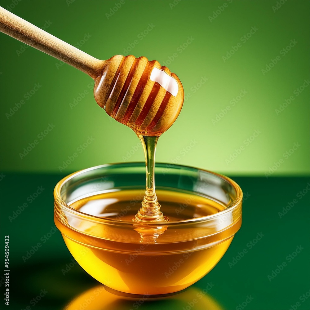 Honey with wooden dipper on green background Honey with wooden dipper on green background