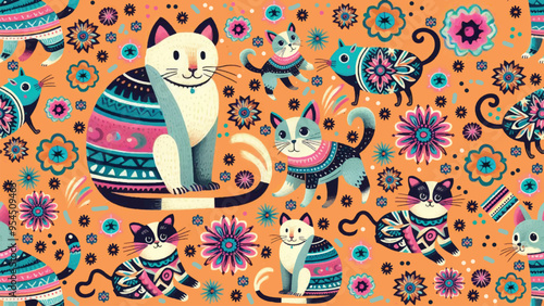 seamless wallpaper pattern of cat, hamsters and splashes in pastel colors in a Mexican folk art style
