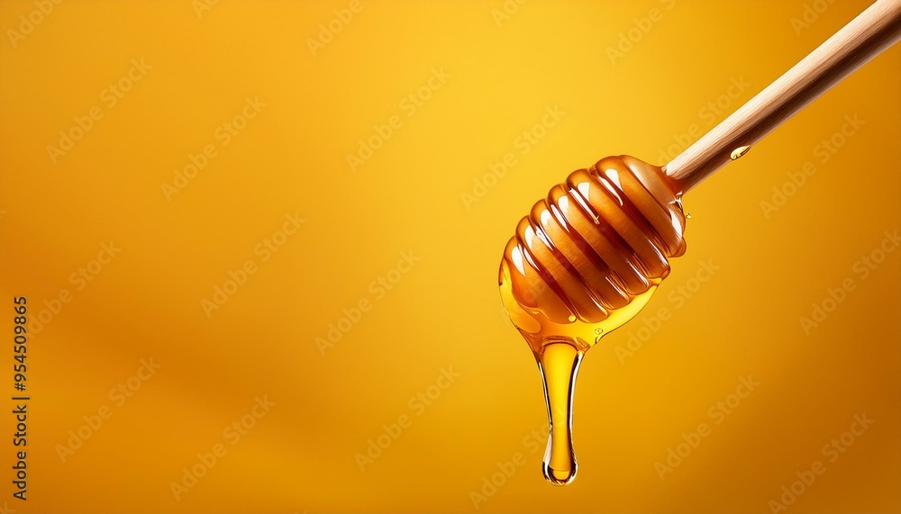 Honey with wooden dipper on yellow background Honey with wooden dipper on yellow background
