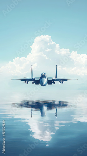 A Fighter Jet Flies Low Over Still Waters, Its Reflection Mirroring the Serenity of the Sky