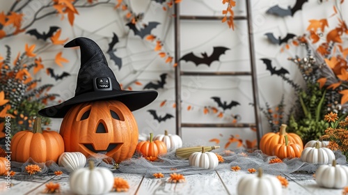 white Halloween backdrop with spider webs, broom, and white witch hat, painted wooden ladder in the background, white bats on the wall, white paper flowers, wooden orange pumpkins photo