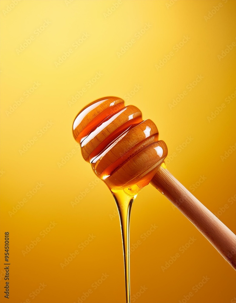 Honey with wooden dipper on yellow background Honey with wooden dipper on yellow background