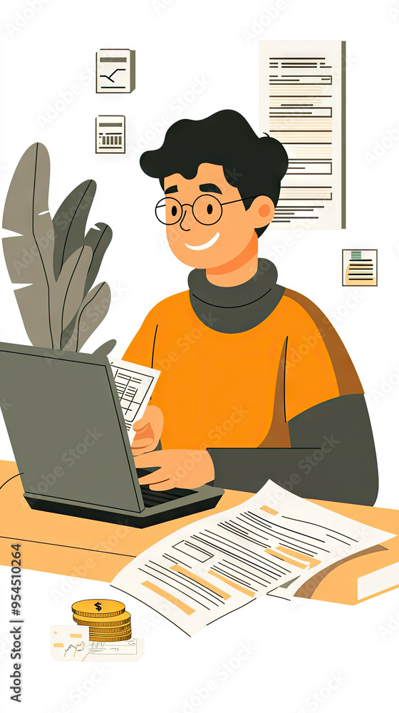 Smiling Man Paying Bills Online, Feeling Financial Freedom - A Joyful Illustration of Digital Finance. Smiling Man Paying Bills Online, Feeling Financial Freedom - A Joyful Illustration of Digital Finance.