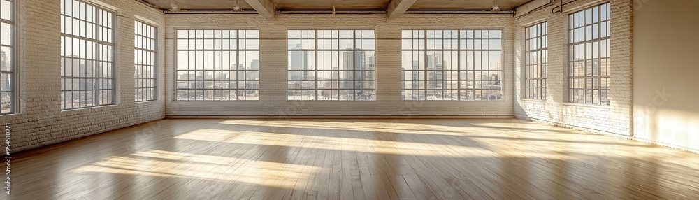 Spacious Sunlit Industrial Loft with Large Windows and Wooden Floors Overlooking Cityscape Spacious Sunlit Industrial Loft with Large Windows and Wooden Floors Overlooking Cityscape