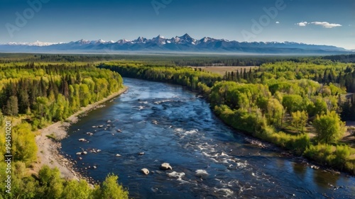 River panorama with distant mountains in North American landscape 