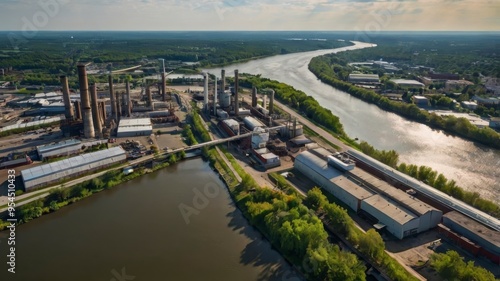 River-side industrial city from above