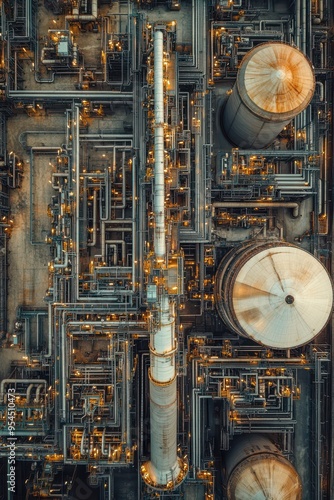 Aerial View of Industrial Refinery Plant with Complex Network of Pipes and Tanks Illuminated at Dusk