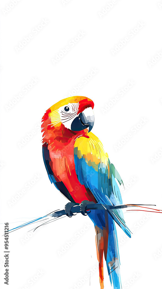 Fototapeta premium A Vivid Macaw Perched on a Branch, Its Plumage a Symphony of Colors Against a Pristine White Background.