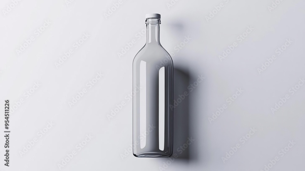 A clear glass bottle standing upright on a minimalistic surface. A clear glass bottle standing upright on a minimalistic surface.