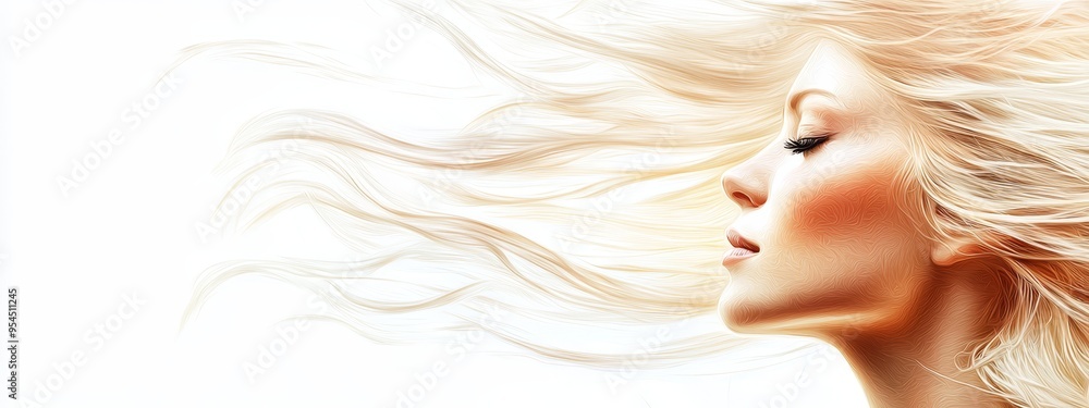 Woman's face with flowing hair against a white backdrop Woman's face with flowing hair against a white backdrop