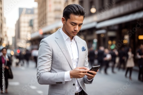 Urban man in trendy clothing glances at phone in crowd 