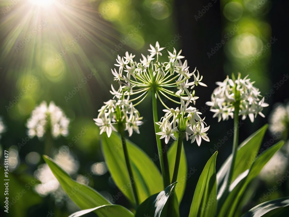garlic flower with blurred bokeh and sun spikes garlic flower with blurred bokeh and sun spikes