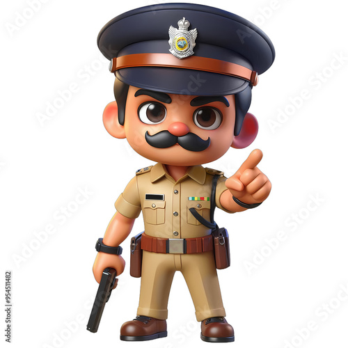 3D Cartoon style Indian police officer with mustache holding rifle isolated on transparent background, png image  photo