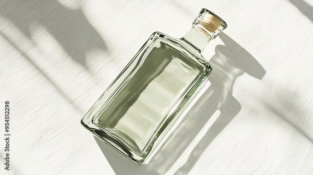 A clear glass bottle with a cork lid, reflecting light on a textured surface. A clear glass bottle with a cork lid, reflecting light on a textured surface.