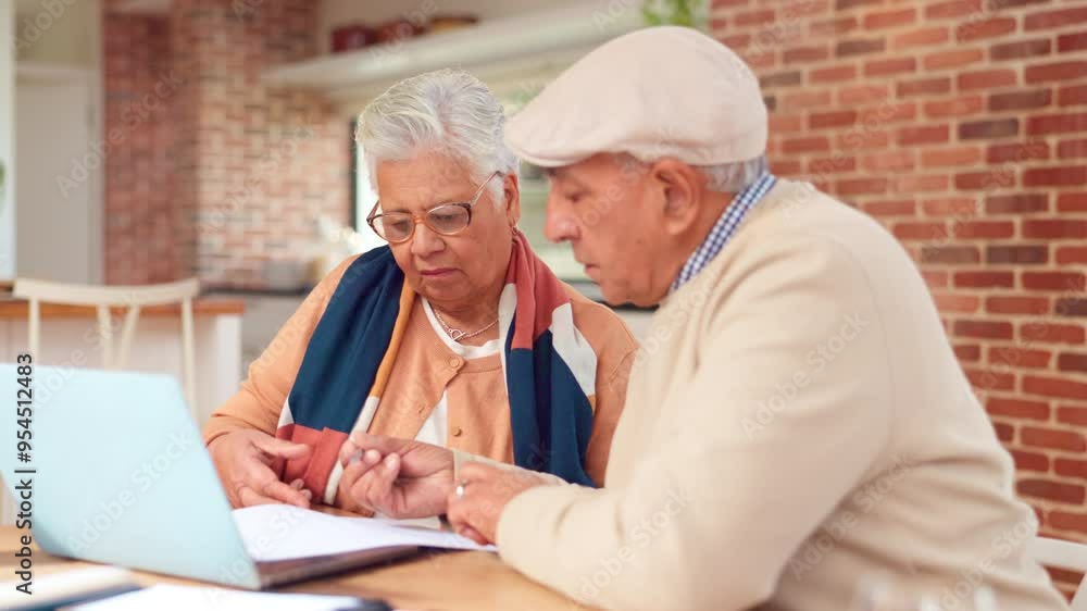 Paperwork, budget and senior couple with laptop, home and financial planning for retirement policy. Old man, woman and discussion in kitchen for mortgage payment, pension fund or health insurance Paperwork, budget and senior couple with laptop, home and financial planning for retirement policy. Old man, woman and discussion in kitchen for mortgage payment, pension fund or health insurance