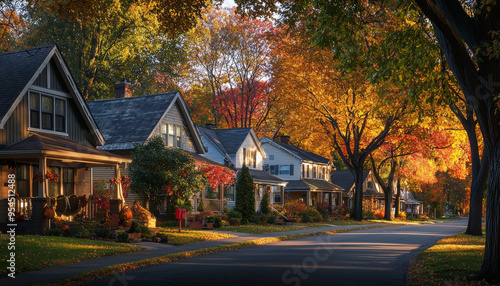 A serene autumn street lined with charming homes and vibrant fall foliage. photo