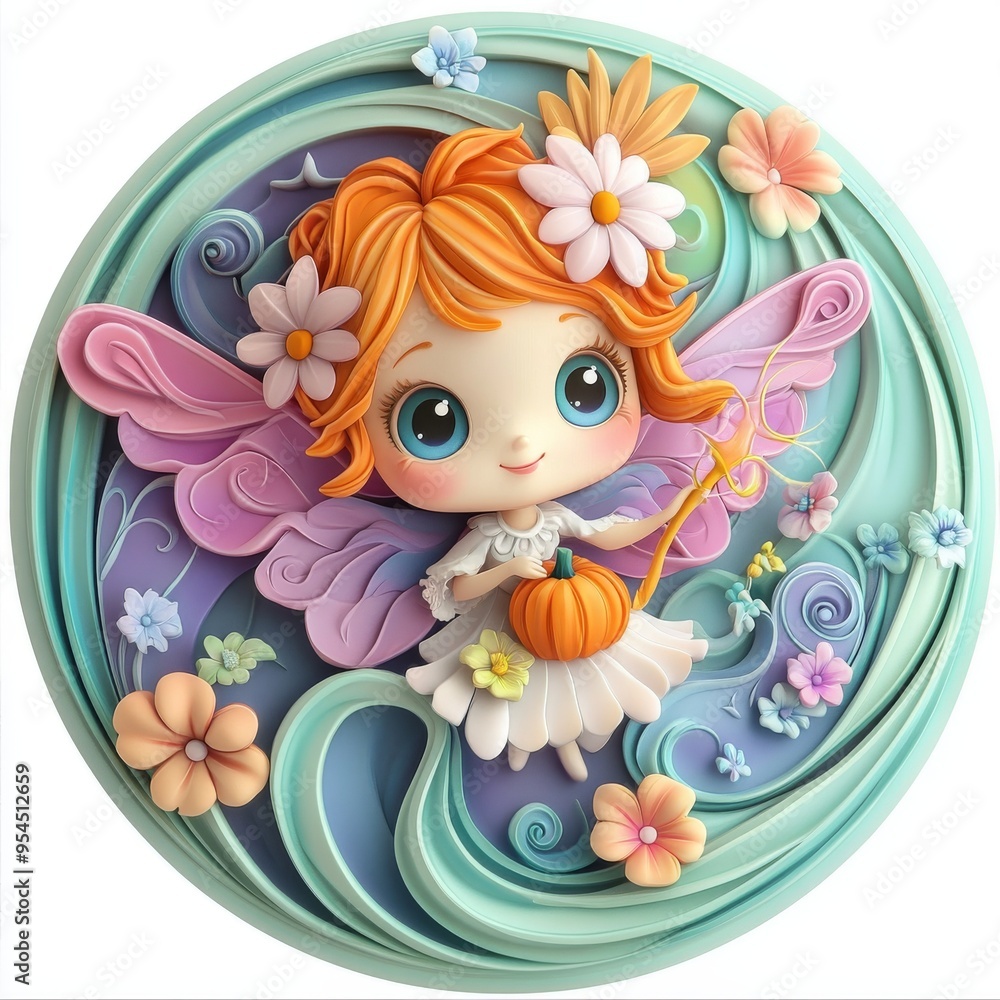 Enchanting 3D Floating Pumpkin Fairy Claymation Sticker with Magical Whimsy Enchanting 3D Floating Pumpkin Fairy Claymation Sticker with Magical Whimsy