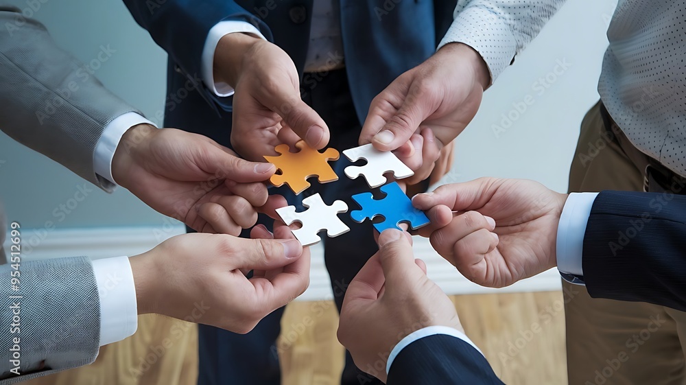 Concept of teamwork and partnership. Hands join puzzle pieces in the office. business people putting the jigsaws team together.Charity, volunteer. Unity, team business. Concept of teamwork and partnership. Hands join puzzle pieces in the office. business people putting the jigsaws team together.Charity, volunteer. Unity, team business.