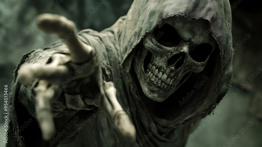 A skeletal figure, wearing a tattered cloak, with an eerie smile, reaches out with a skeletal hand. A skeletal figure, wearing a tattered cloak, with an eerie smile, reaches out with a skeletal hand.
