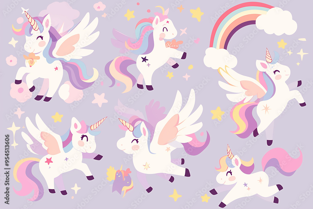Fototapeta premium A cute set of unicorn stickers featuring unicorns in various poses and expressions