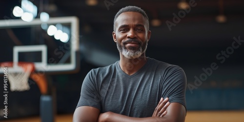 A man with a beard and gray hair is standing in a gym with a basketball hoop behind him. He is smiling and looking at the camera