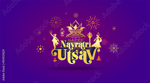 Festive celebration background of Navratri Utsav. Kalash pot, dandiya dance and goddess durga puja background. photo