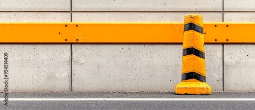 Yellow and black striped traffic pole against a concrete barrier along a road. Construction safety and traffic management concept. photo