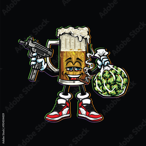 weed smoking character cartoon mascot logo leaf face happy with fruit strain object ice cream gelato holding gun