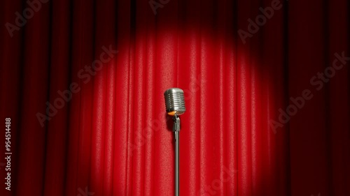 A Vintage Microphone On The Stage Old Classic Mic In The Theatre Show A Professional Metallic Vintage Microphone On The Stage Closeup Red Curtains In The Background Retro Music Sound