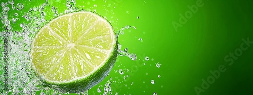  A tight shot of a lime, water droplets cascading from its side, and a sliced lime in the frame