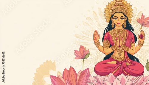 Elegant Lakshmi in Lotus Pose with Floral Decorations, Suitable for Hindu Festive and Cultural Celebrations