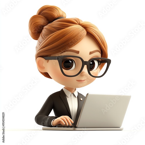 3D cartoon businesswoman working on laptop