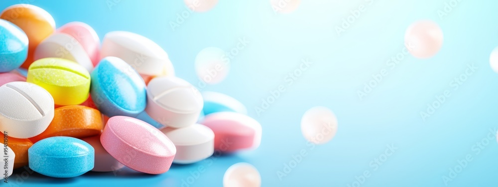 A mound of multihued pills on a blue backdrop, speckled with white and pink dot motifs A mound of multihued pills on a blue backdrop, speckled with white and pink dot motifs