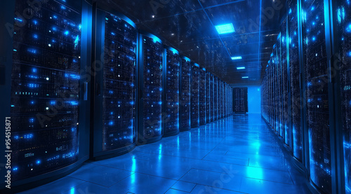 Expansive electric blue neon datacenter with rows of server racks, Advanced accelerated cloud computing technology hub